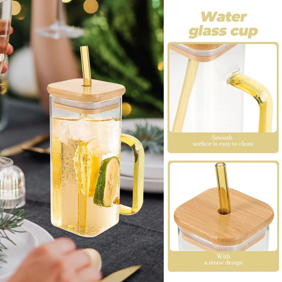 400ml Square Glass Transparent Mug with Lid and Straw