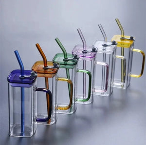 400ml Square Glass Transparent Mug with Lid and Straw
