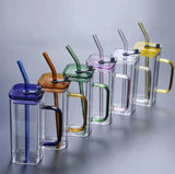 400ml Square Glass Transparent Mug with Lid and Straw