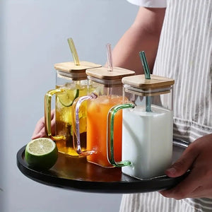 400ml Square Glass Transparent Mug with Lid and Straw